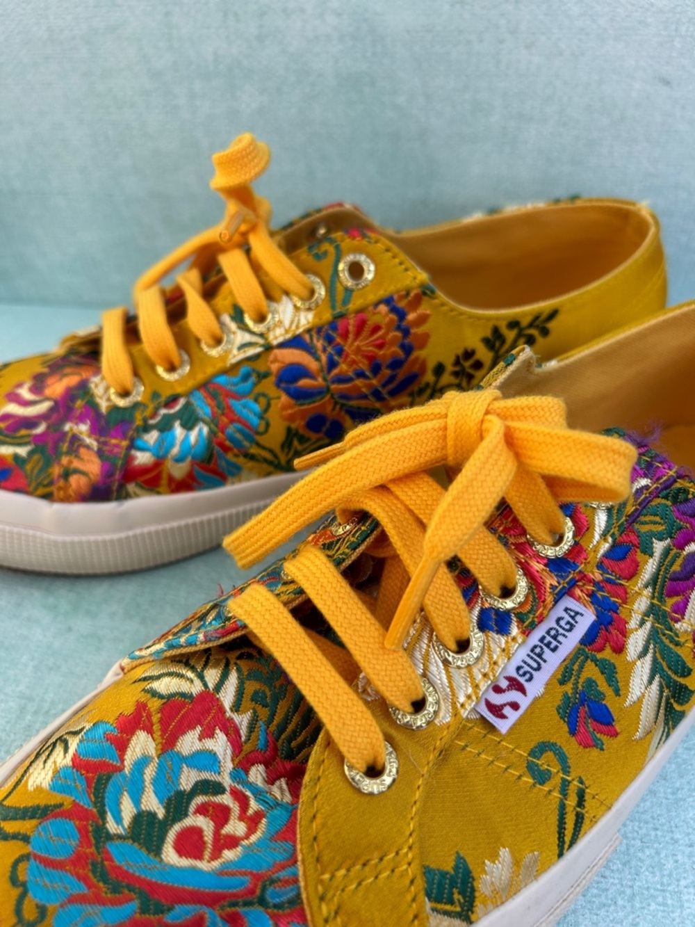 Superga Mustard Yellow Floral Embroidered Low-Top Sneakers